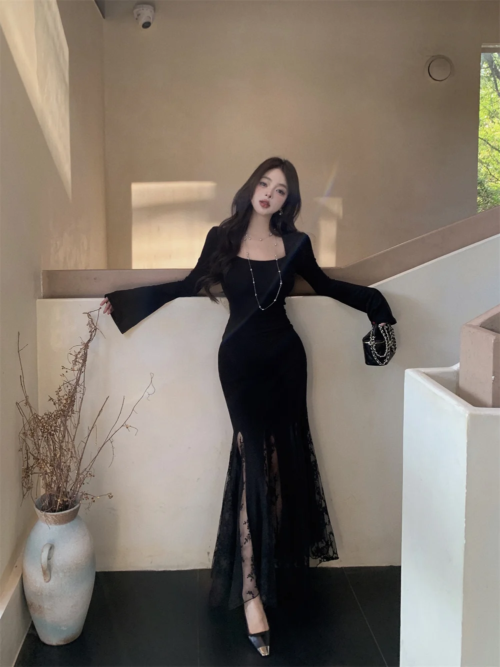 New Spring Summer Vintage Bodycon Solid Chic Women Black Dress Elegant Slim Lace Patchwork Party Prom Vestidos Female Clothes