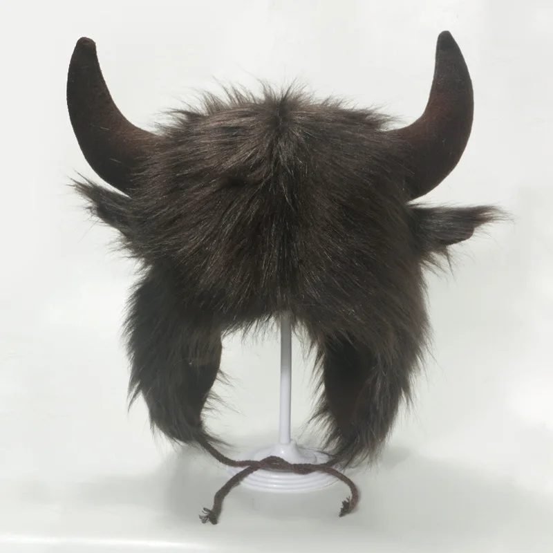 Winter Hats Big Black Bull Horn for Men Women Ear Protection Windproof Russian Ski Faux Fur