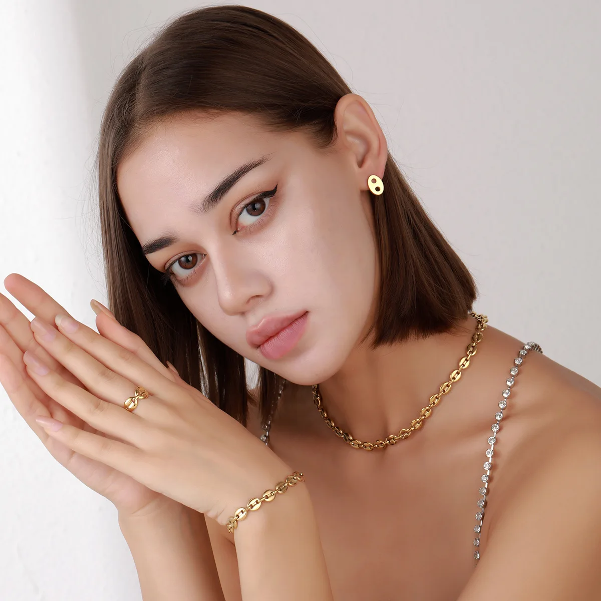 

ESALE Fashion coffee bean chain exquisite 18K plated titanium steel women's necklace earrings bracelet ring jewelry set