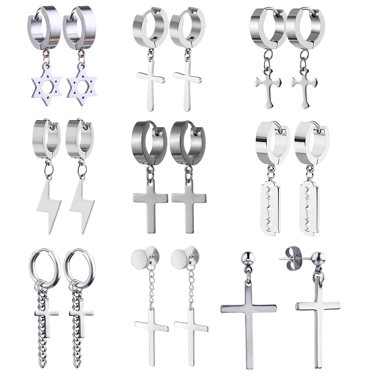 Orecchini A Clip Con Croce - Acciaio Inossidabile Unisex, Confezione Da 3 Paia - Foto 2