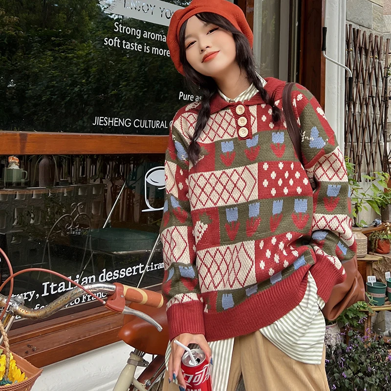 

2022 New Arrival Korean Style Autumn Women O-neck Long Sleeve Plaid Print Pullover Cotton Knitted Long Sleeve Sweater V906