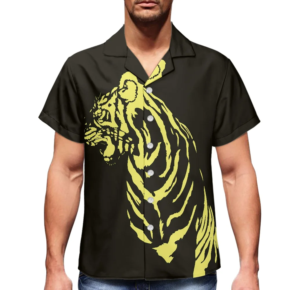 Black Shirt For Men Summer Button Down Short Sleeve Lapel Shirt Polynesia Tribal Tiger Pattern Print Men's Short Sleeved Shirt