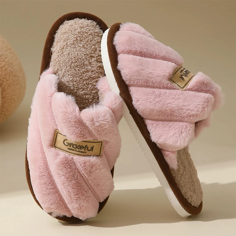 Flat Heel Home Cotton Slippers Women Pink Soft Fluffy Warm Fur Slippers Woman Winter Light Closed Toe Living Room Shoes Female