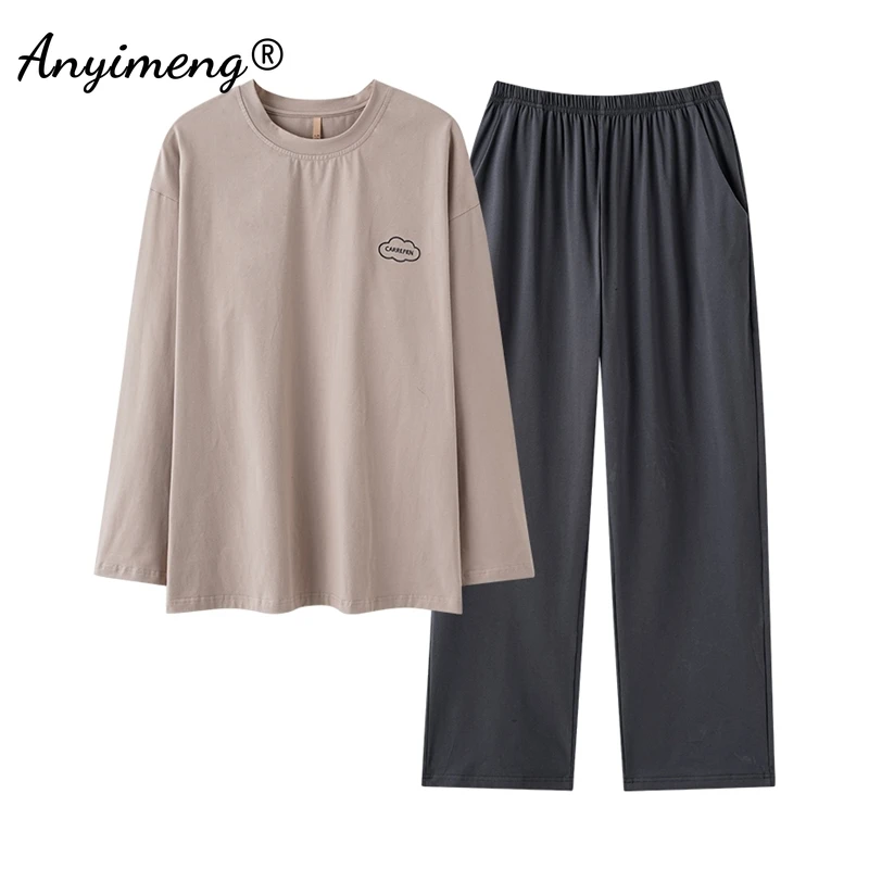 Autumn Winter Pure Cotton Pajamas for Men Fashion O-neck Pijamas Long Sleeved Long Pants Nightwear Male Loungewear