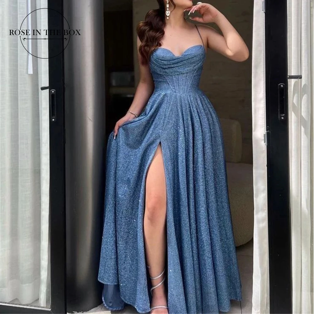 Elegant Long A-line Sweetheart Glitter Prom Dresses Slit Spaghetti Straps Floor Length Robes De Soir&eacute;e Formal Party Gowns