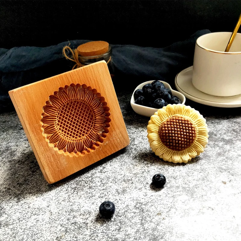 1pc Wooded Embossed Sunflower Flowers and Birds Cookie Mold For Baking Kitchen Cookie Cutter Gingerbread Stamp Biscuit