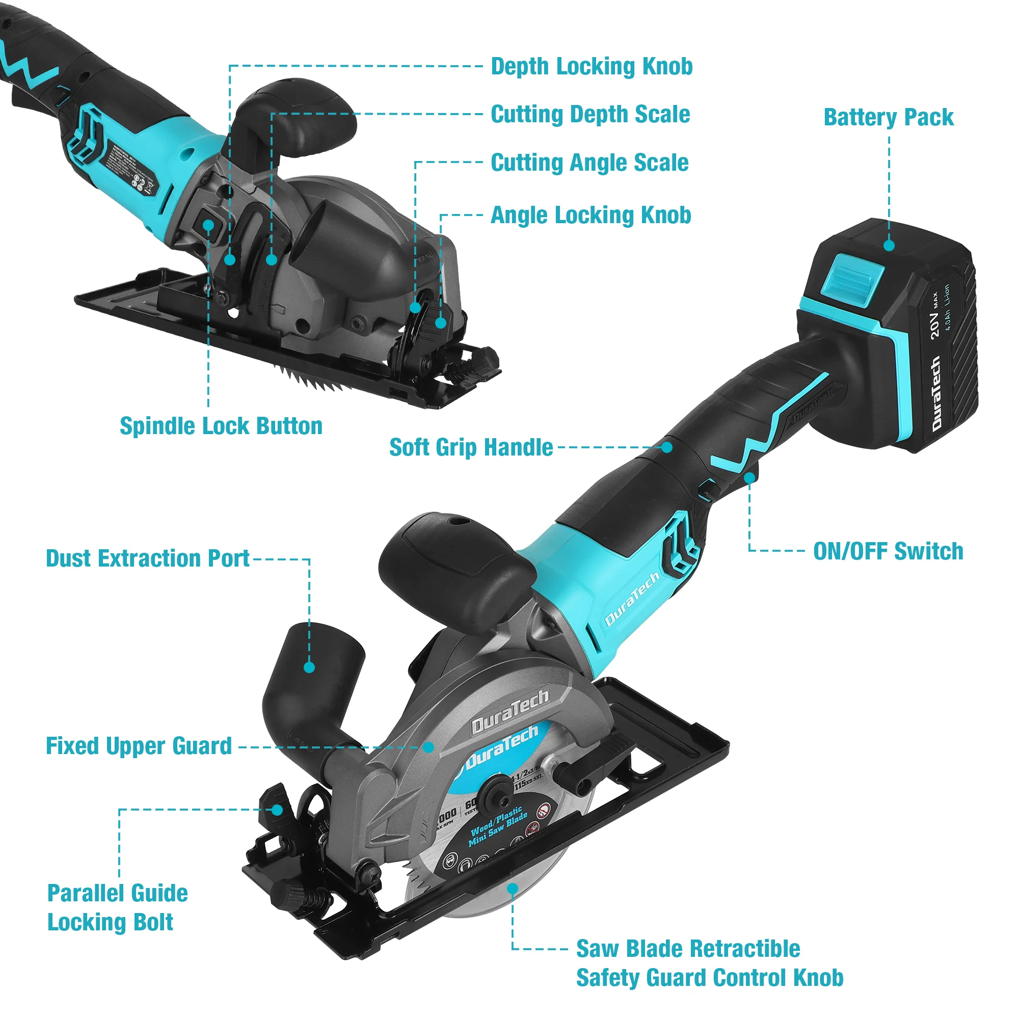 DURATECH Mini Circular Saw, 20V 4-1/2" Cordless Circular Saw with 4.0Ah Battery, Fast Charger, 3 Saw Blades, 3600RPM, Max Cuttin