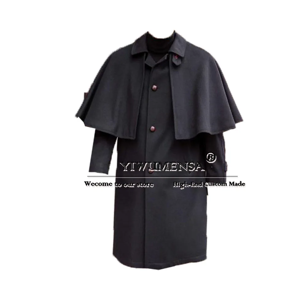 Formal Man Business Suit Jackets Woolen Tweed Blend Trench Coat With Cape Single Breasted Overcoat Unique Design