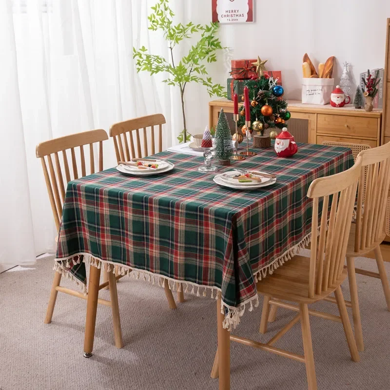 

Christmas Yarn-dyed Polyester Cotton Tablecloth with Tassel Red and Green Plaid Dining Tea Table Cloth Cover Navidad Decoration