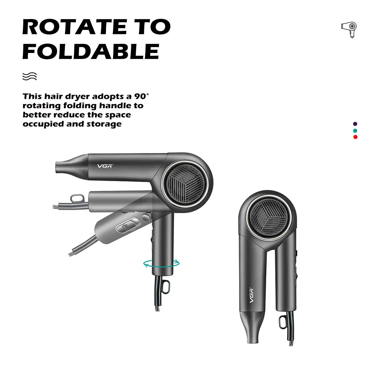 VGR 1600-2000W Powerful Foldable Electric Professional Travel Hair Dryer with Concentrator
