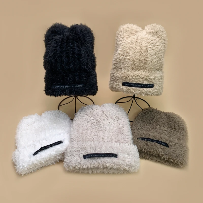 

New Cute Bear Ears Plush Bucket Knitted Hats Men Women Warm Autumn and Winter Fashion Soft Versatile Korean Letter Hot Selling