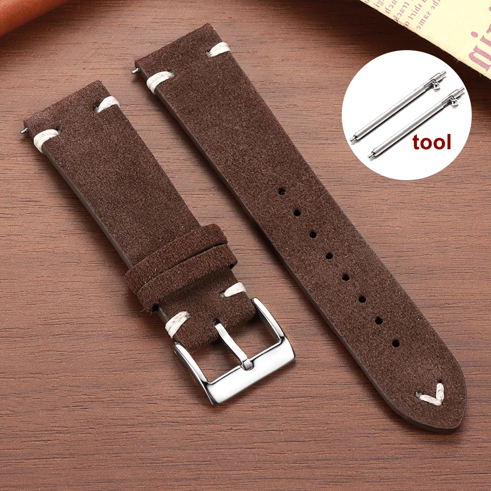 Vintage Brown Suede Leather Watch Strap with Quick Release - Multiple Sizes Available