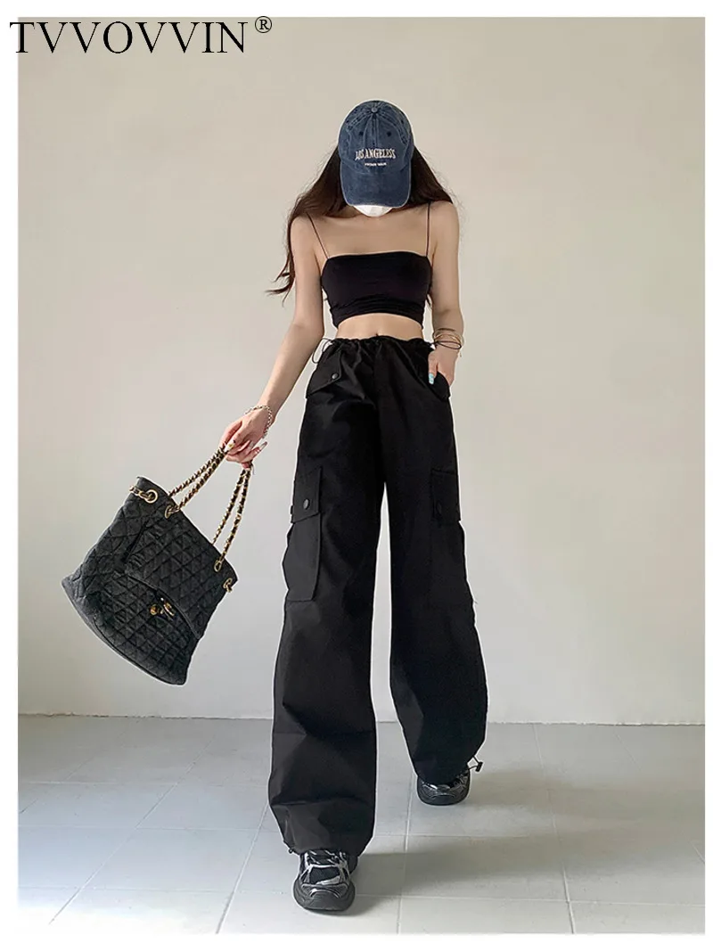 

TVVOVVIN Bilateral drawstring big pocket Cargo pants for women 2023 summer high waist Solid color straight casual pants E1CT
