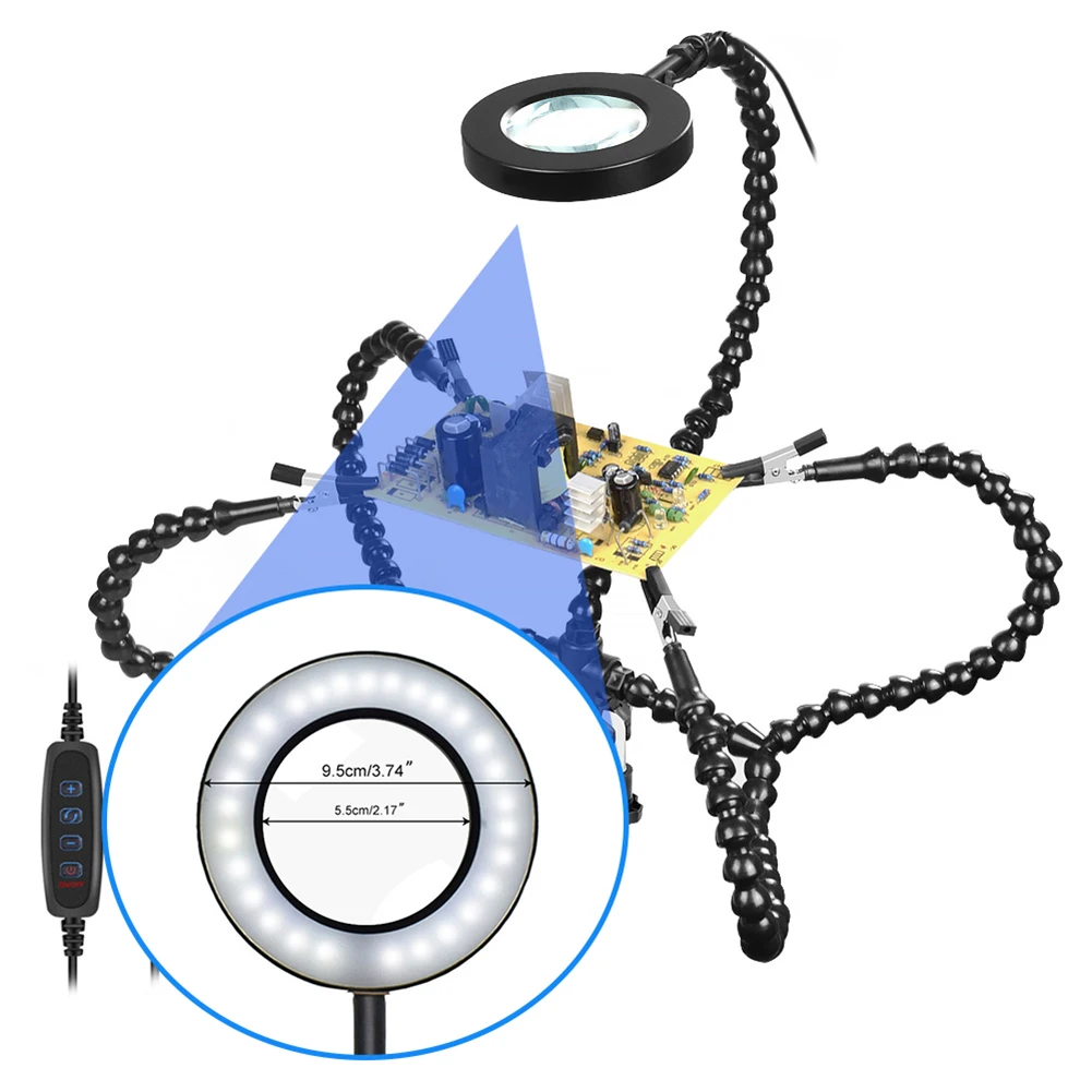 Soldering Tool Soldering Station Soldering Helping Hands Welding Tool 5Arm Welding Repair Tool Soldering Station with 3X Magnifier LED Light Bench Vise Table Clamp Clip PCB Holder Third Helping Hand