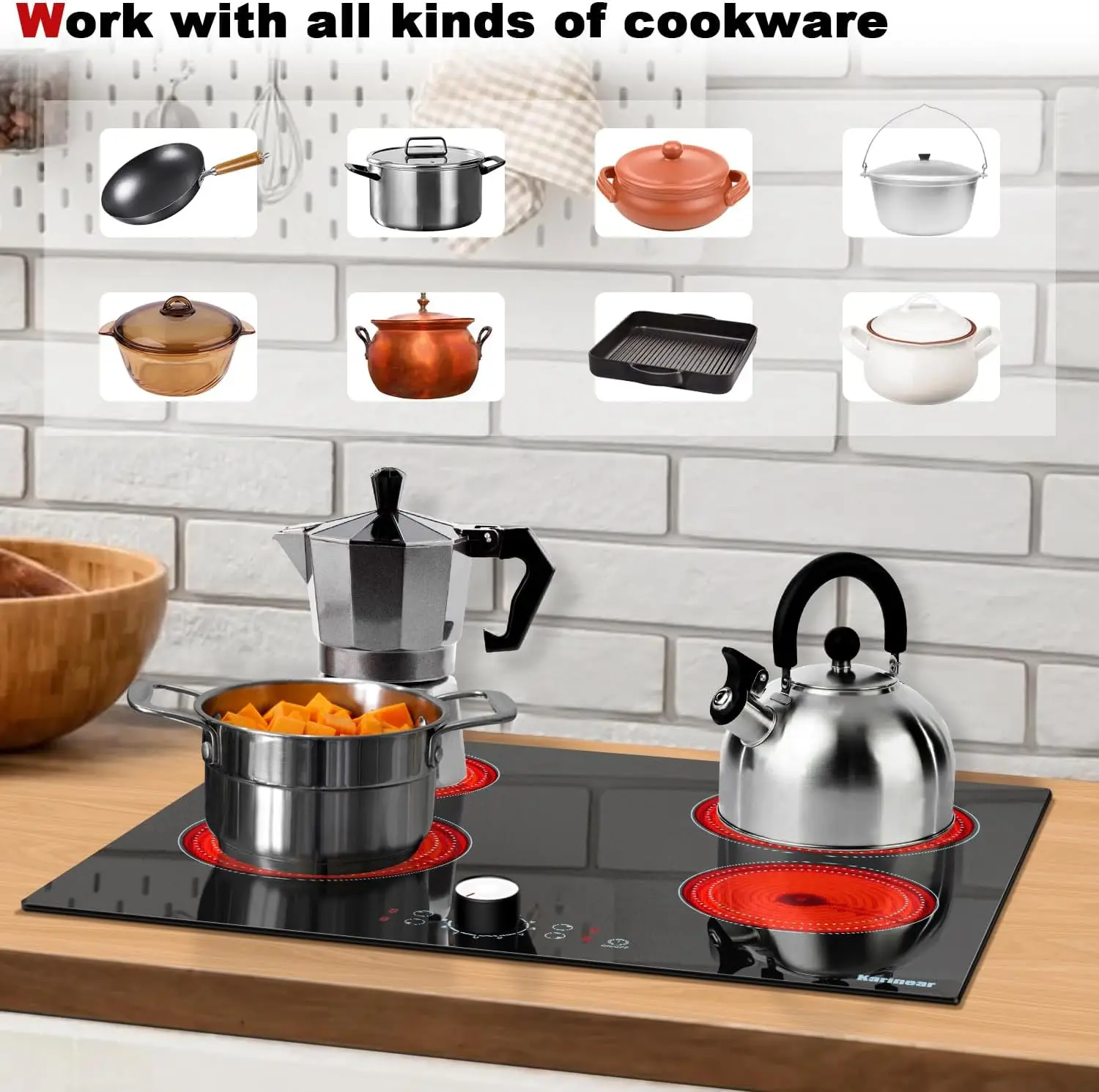 Karinear 24 Inch Electric Cooktop 4 Burners Ceramic Stove Top, 220-240v Built-in 60cm, Knob Control, 9 Power Levels, No Plug