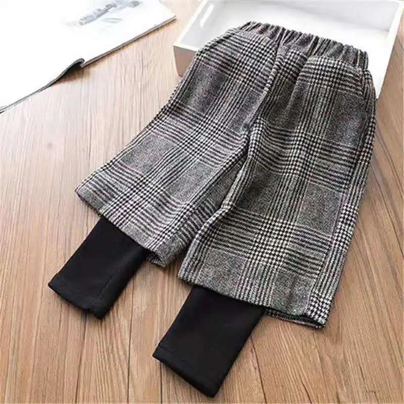 

Kids Girls Plaid Leggings Pants Fake Two-piece Velvet Pants 2023 Children Winter Thick Cotton Trouses Gray Coffee Wide Leg Pants