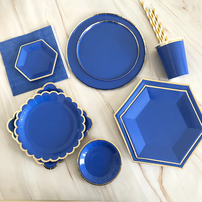 Royal Blue Gold Disposable Tableware Set Plates Straws Cups Napkins for Wedding Birthday Party Baby Shower Party Decorations