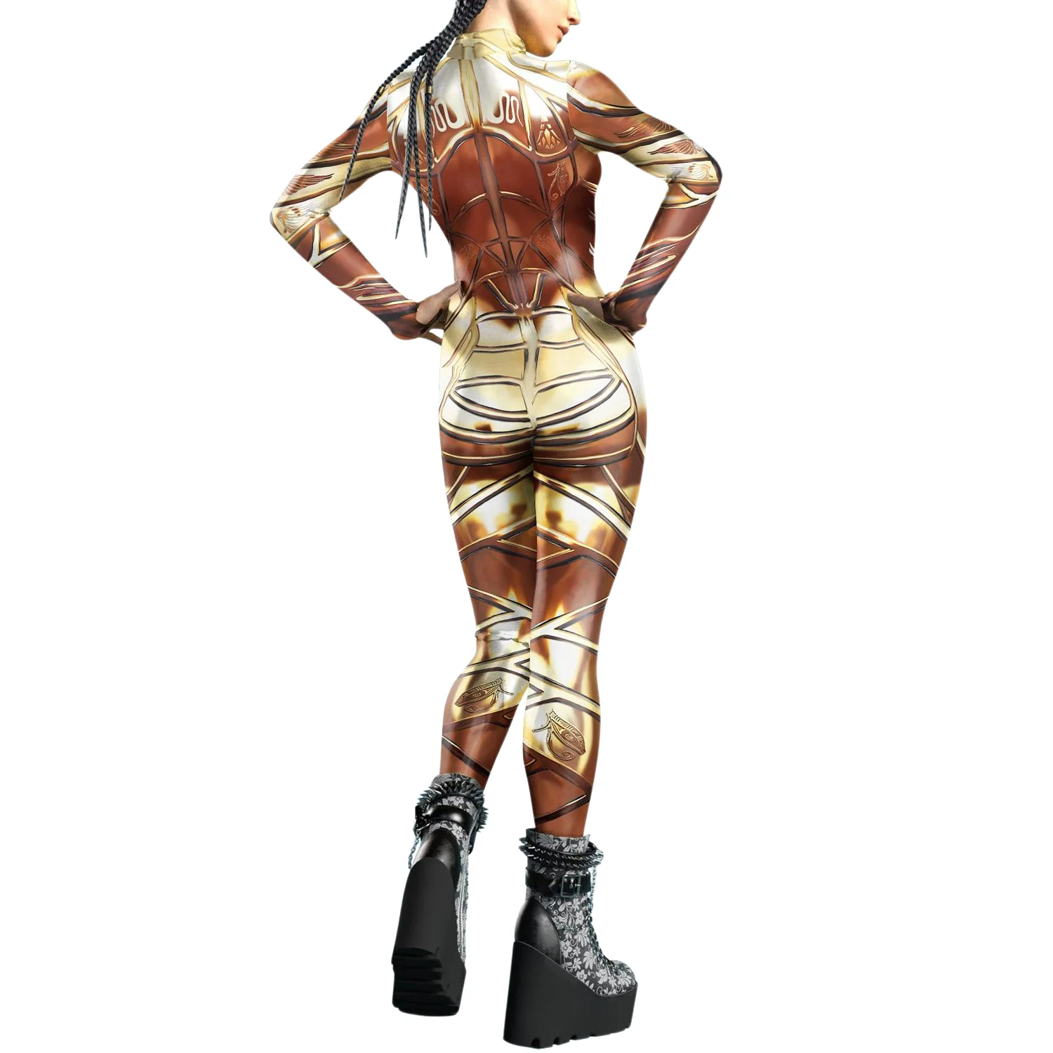 Zawaland New Woman Jumpsuit Punk Cosplay Costume Gold Egyptian Pharaoh Sexy Front Zipper Zentai Bodysuits Halloween Party Outfit