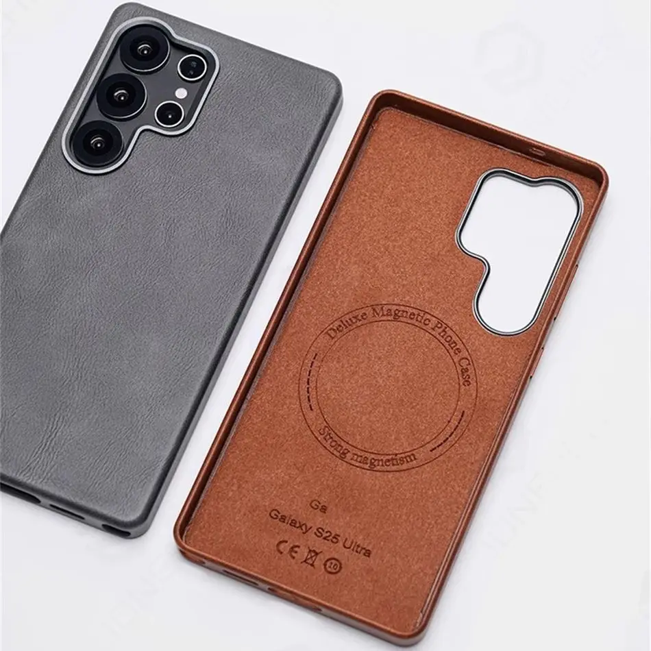 Luxury Retro Leather Case with Magnetic Metal Lens Ring and Shockproof Design
