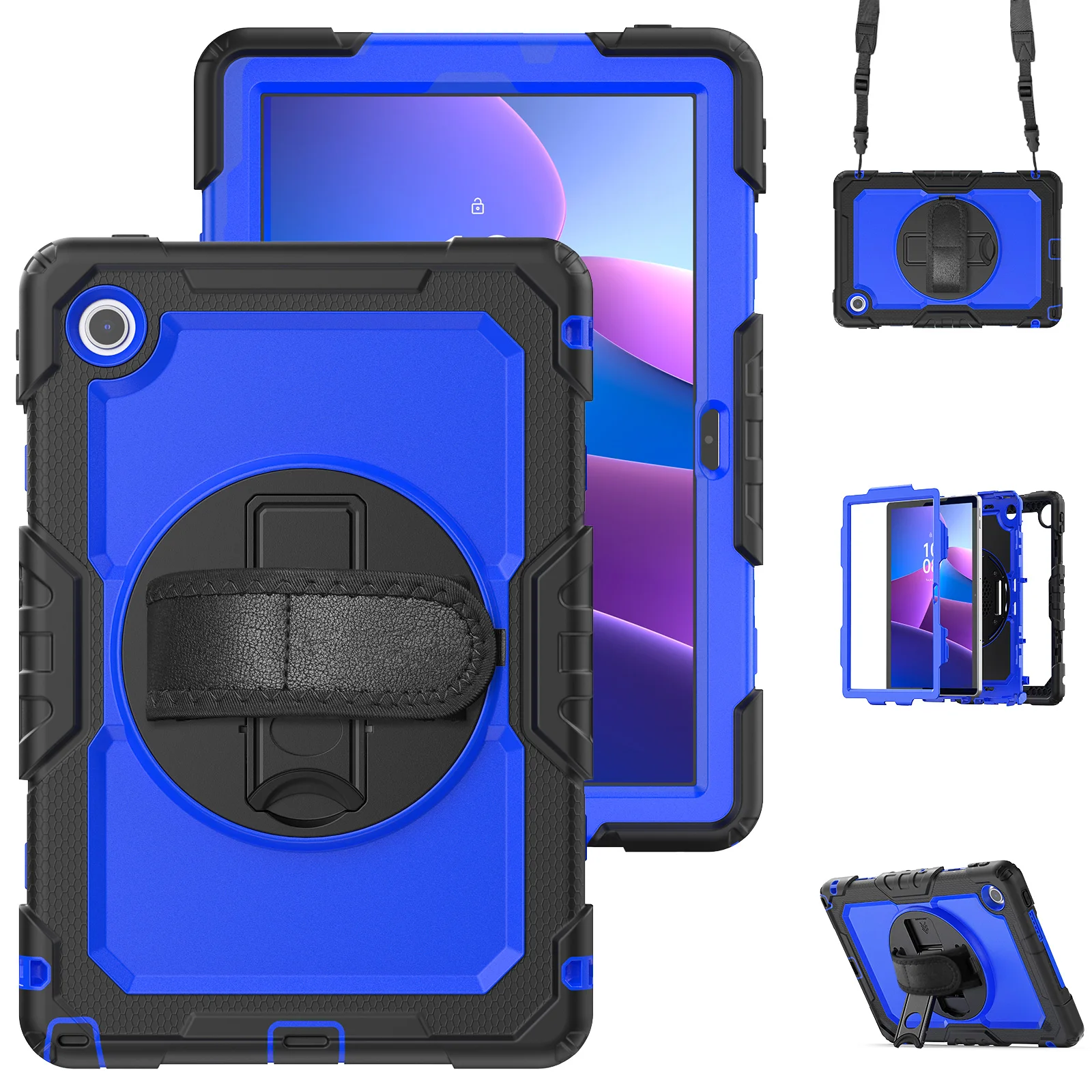 Rugged Armor Tablet Case with Screen Protector and Rotating Stand - Heavy Duty Cover with Shoulder Strap