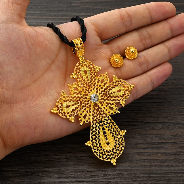 Ethiopian Cross Jewelry Set - 24K Gold Plated Brass Habesha Style Necklace & Bracelet