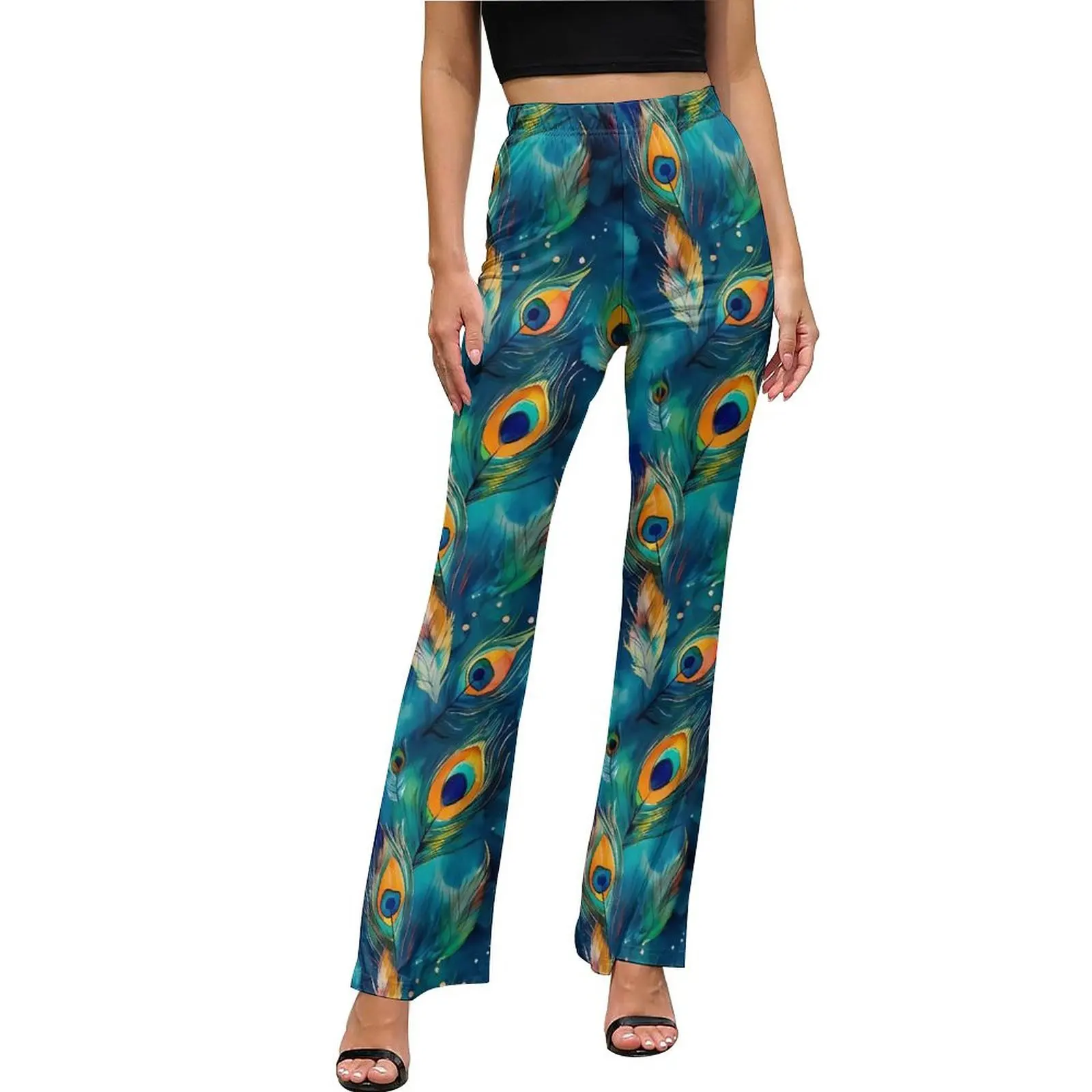 

Watercolor Peacock Feather Pants Abstract Art Casual Flare Trousers Summer Ladies Graphic Street Wear Slim Pants