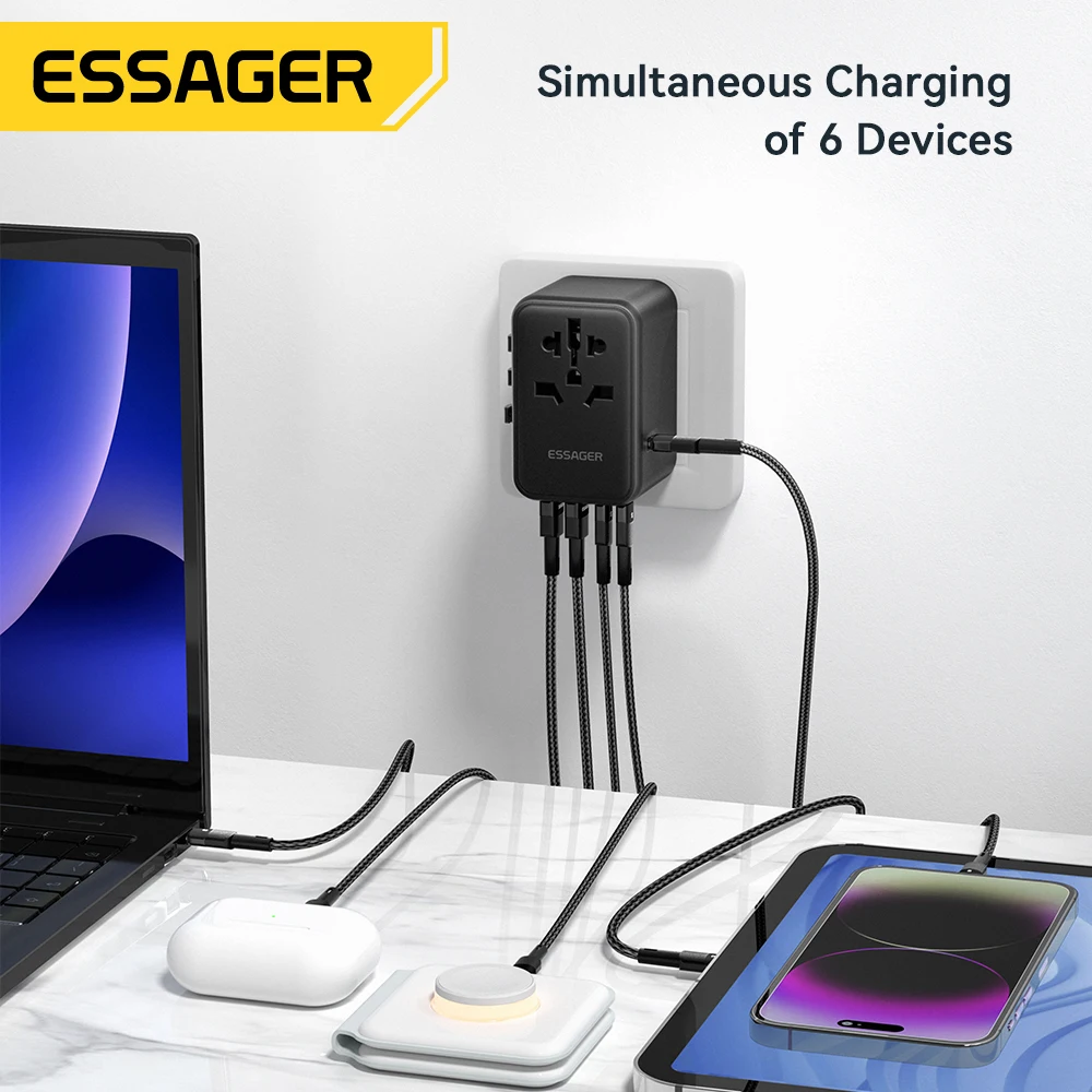 Essager 65W Global Adapter Charger Quick Charge 6 in 1 USB A Type C Fast Charging For iPhone Pro Max Samsung MacBook EU US UK Pl