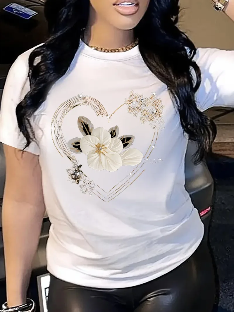 Women's Casual Short Sleeve T-Shirt Comfort Fit with Heart Floral Print Simple Design Showing Natural And Elegant Style Sf054ec0ea2bc4d8d818dde754708f63f4