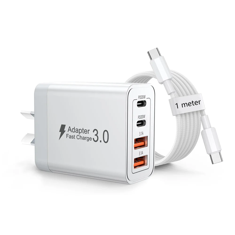 Bloque de Carga Rápida con Enchufe AU y Cable Tipo-C, Adaptador de Pared USB de 4 Puertos y 40W, Cargador de Viaje PD3.0 para Teléfonos Móviles iPhone y Xiaomi