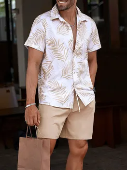 Camicia casual da uomo stampata con foglie di palma hawaiane, pantaloncini da spiaggia all'aperto da uomo, set di camicie e pantaloncini a maniche corte da uomo estivi quotidiani 1