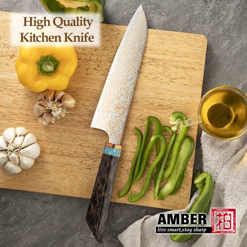 Amber New Arrival Three-color Copper 37 layers Damascus Steel VG10 Mirror polished blade Kitchen Chef Utility Knife Set