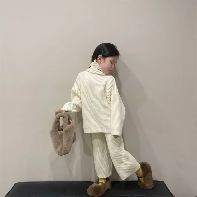 

Свободный зимний Весенний костюм из двух предметов для девочек, вязаный костюм для отдыха, комплект детской одежды, свитер с высоким воротником и брюки