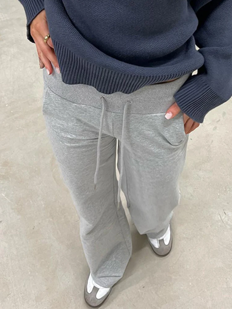 Gray Drawstring Waist Casual Sweatpants Women Solid Simple Basic Minimalist Fitness Joggers Straight Pants 3