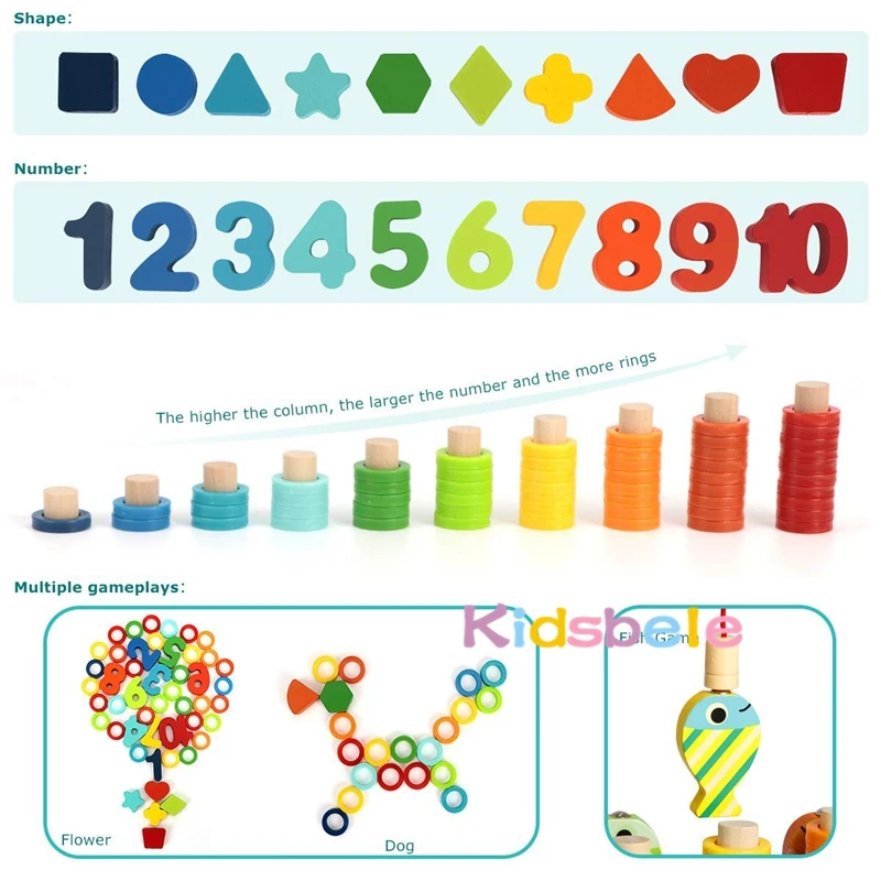 Wooden Number Puzzle Sorting Montessori Toys For Toddlers Shape Sorter Counting Fishing Game Educational Math Stacking Block 5