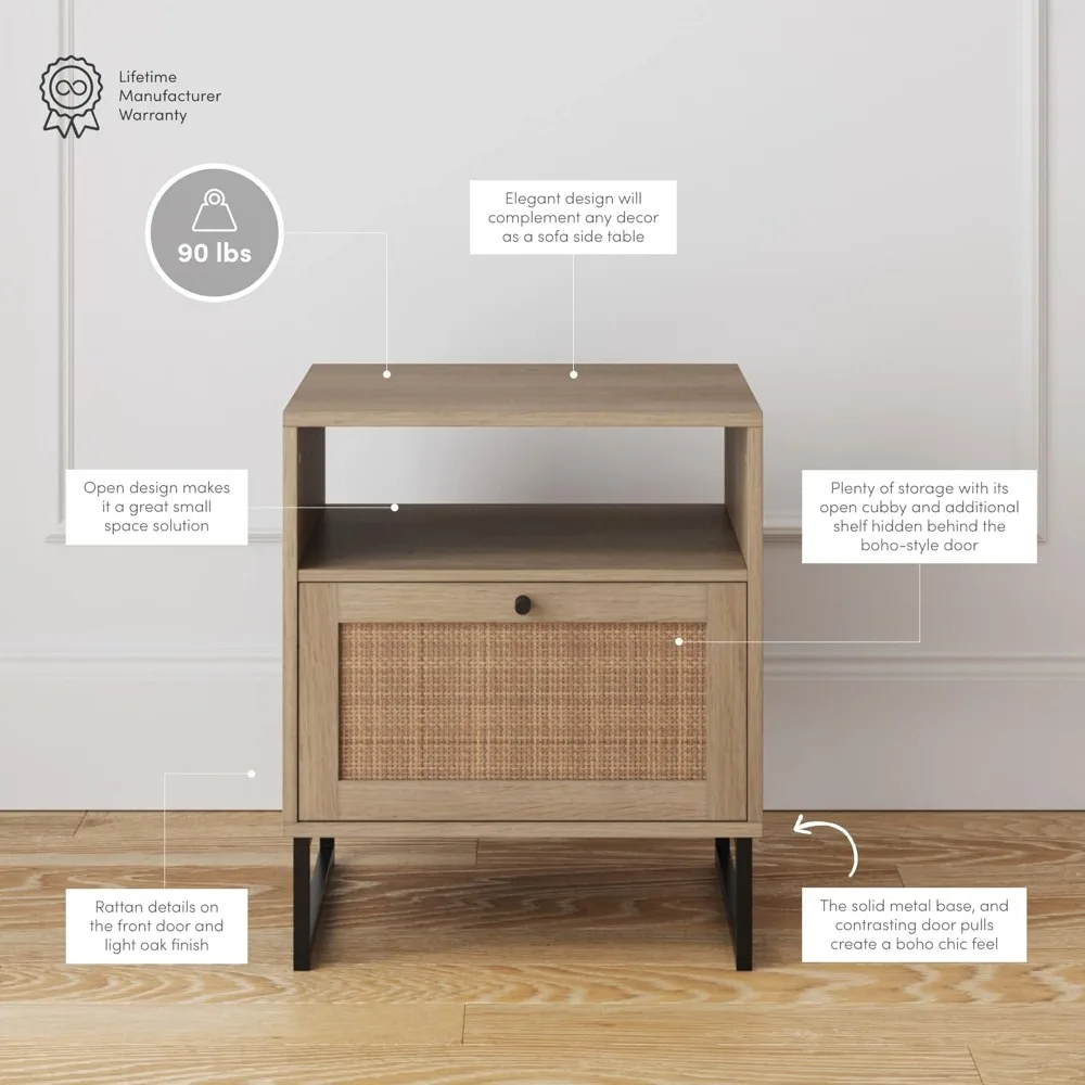 Rattan Wood End Side Accent Table Nightstand with Storage 4