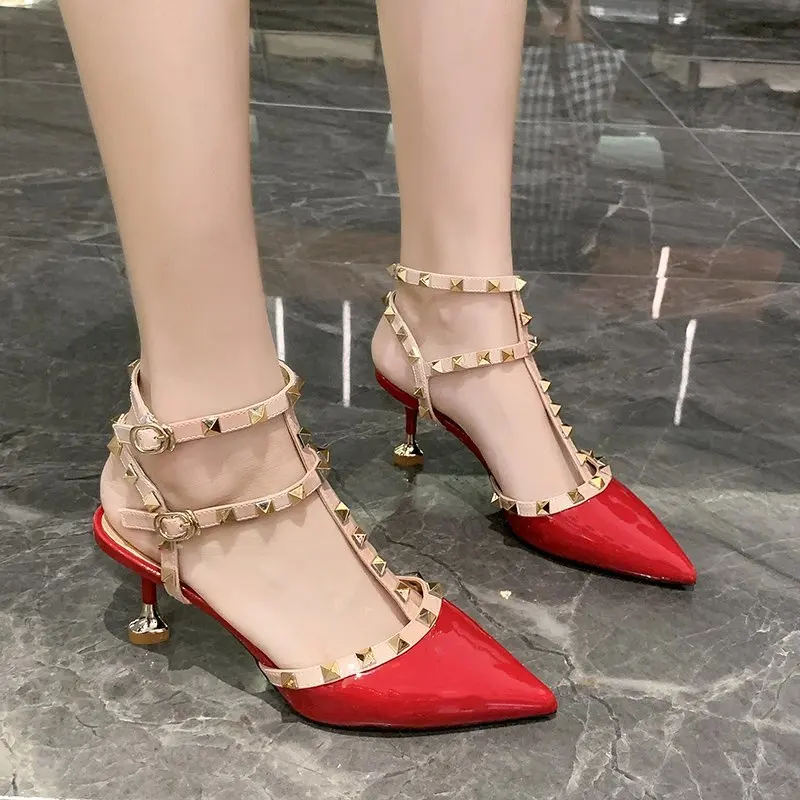 

Sandals Summer Women High Heel 2022 Fashion Pointed Sequins Metal Rivets Red Modern Shoes Sexy Cutout Buckle Stiletto Party Shoe