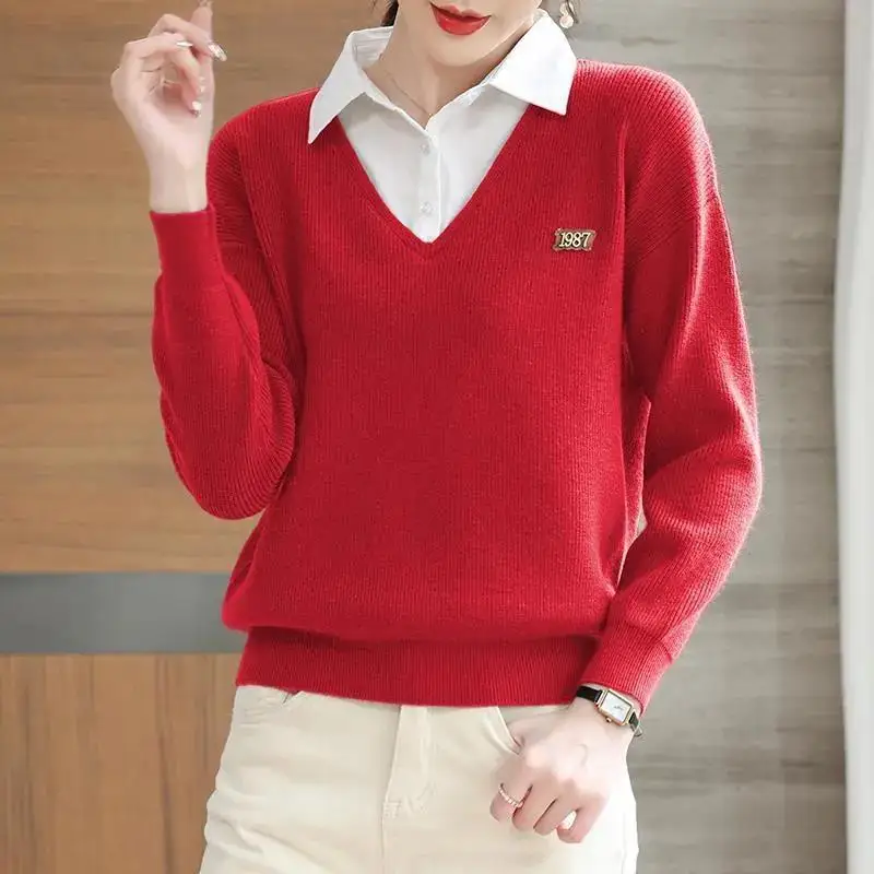 

Stylish Lapel Knitted Spliced Letter Fake Two Pieces Sweater Women's Clothing 2022 Autumn New Casual Pullovers Loose Korean Tops