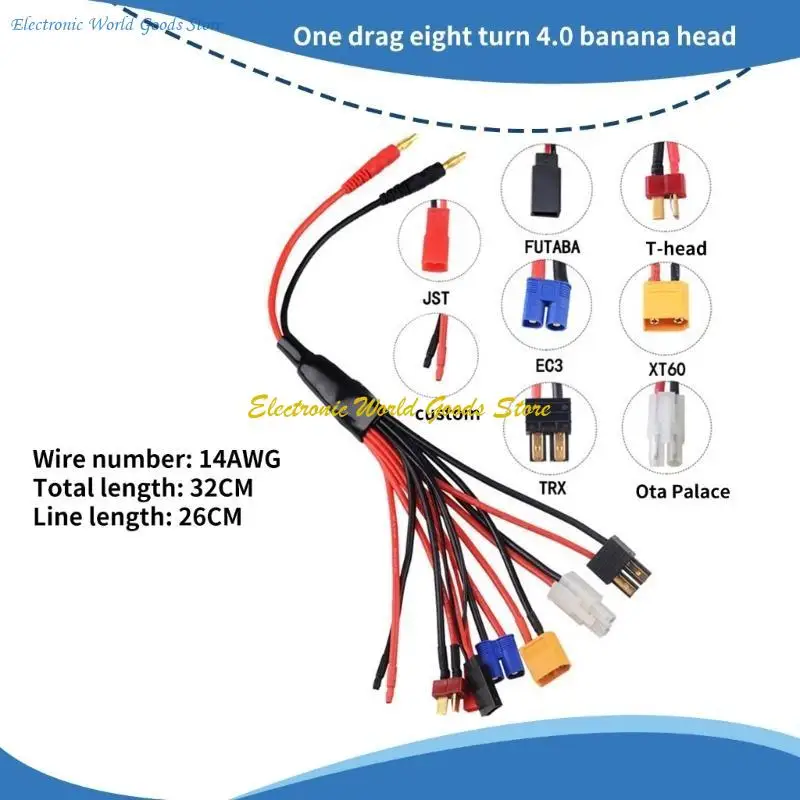 Câble de charge 1 à 8 pour batteries RC disposé à plat, montrant les fils et les embouts