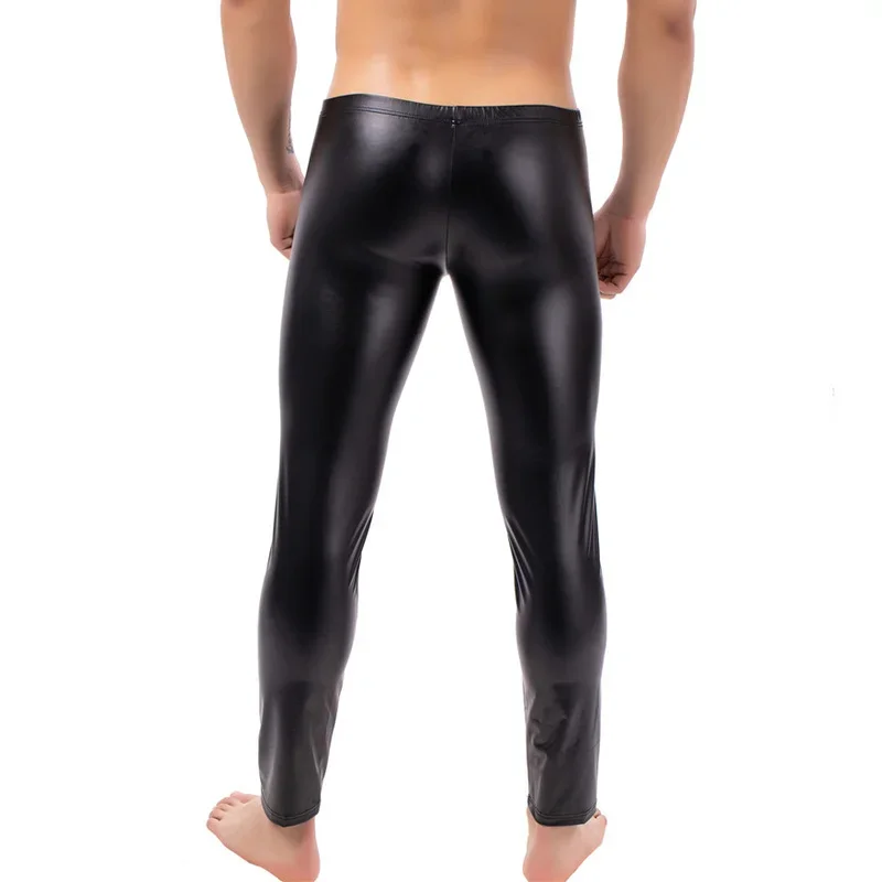 Sexy Men Low-rise U Bulge Pouch Night Clubwear Leggings Stage Performance Tights Bodywear Pants Man Shiny Faux Leather Leggings men trousers,leather pants,skinny pants