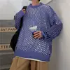 Men Autumn High-end Design Trendy Tops in Knitwear Round Neck Loose Fishnet Solid Long-sleeved Hollow Sweatshirt Fashionable 5