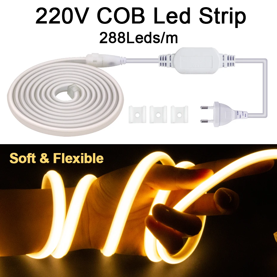 

COB LED с лампой AC 220V Европейский разъем гибкая лента 288LED / m водонепроницаемая светодиодная лампа наружное освещение