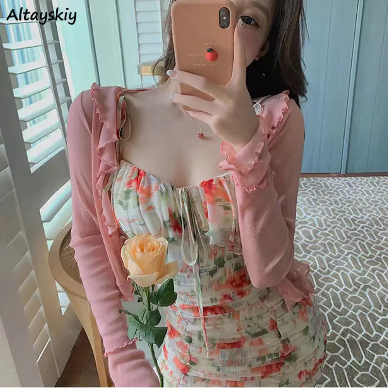 

Sun Protection Shirts Women Ruffles Elegant Crop Tops Slim Hotsweet Knitted Summer Breathable Streetwear Female Thin Simple Ins