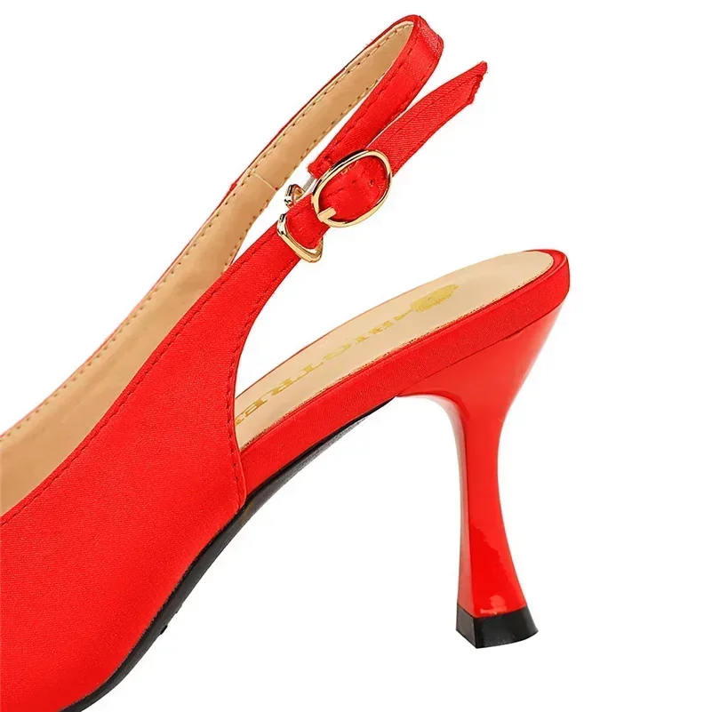 Women 7cm High Heels Basic Slingback Nightclub Dance Pumps Patchwork Stripper Low Heels Lady Metal Cap Toe Satin Wine Red Shoes 6