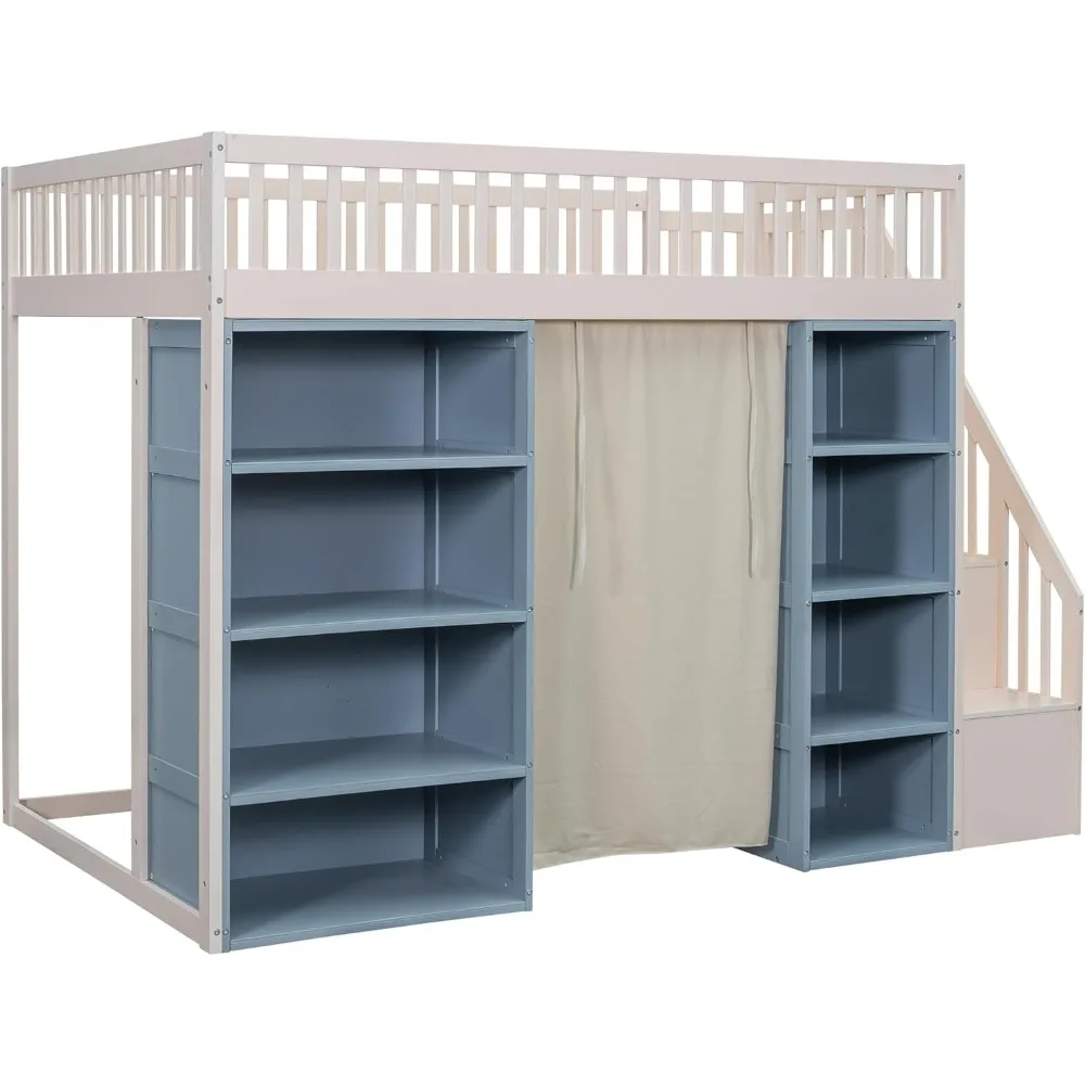 Full Size Loft Bed with Stairs and 2 Four-Layer Storage Cabinets and Curtain, for Kids Teens Adults (White+Blue)
