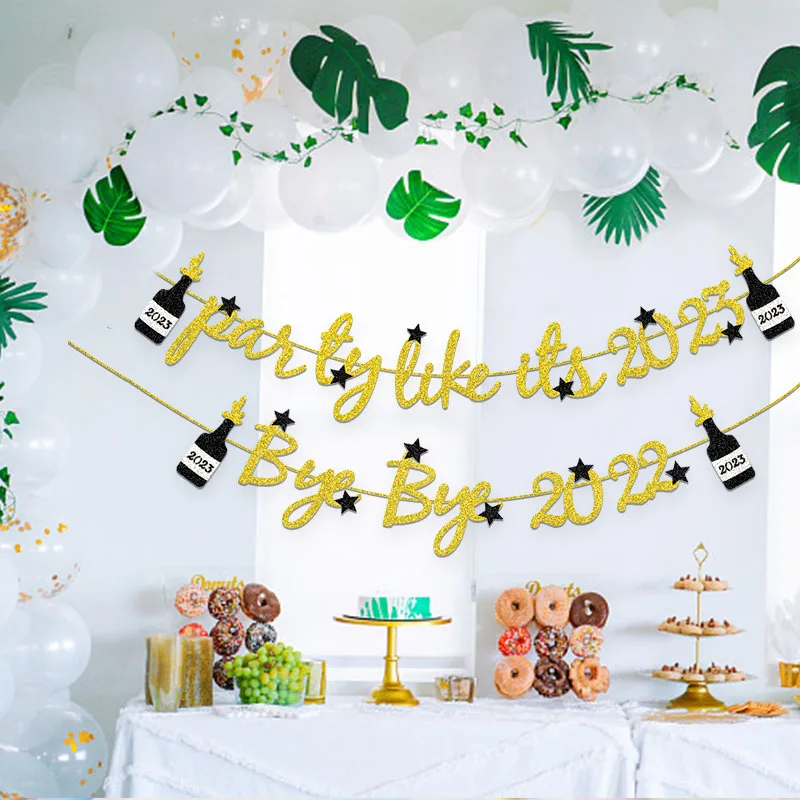 

1set of Gold Happy New Year Glitter Paper Pull Flag Banners New Year Christmas Themed Party Decoration Banners Home Decoration