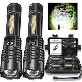 Powerful LED Flashlight Type C Rechargeable Waterproof Torch with Side Light 5 Modes Zoomable Lamp for Camping Fishing Lantern