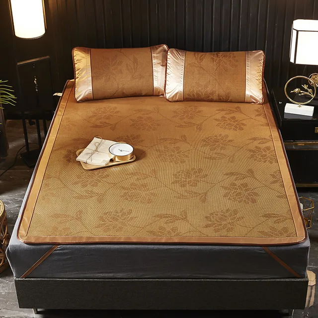 Summer Sleeping Mat Kit Random Color Cool Rattan Mattress Cover,Jacquard Cold Fitted Sheet Set,AB Side Straw 2/3pcs With Band 5