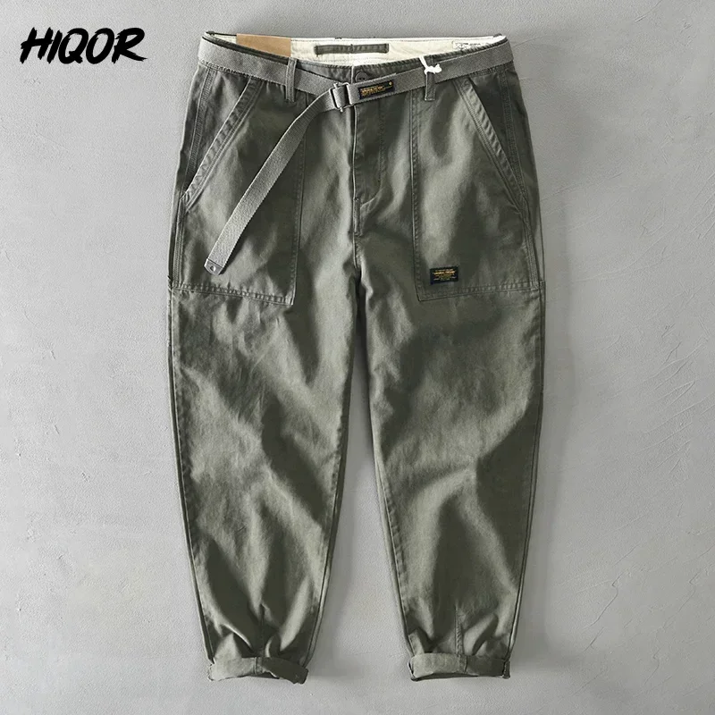 100% Cotton Casual Pants Spring Men Fashion Metal Belt Buckle Cargo Pants Hip Hop Trouser Man Pant 28-38 cotton work pants military cargo pants casual tooling pants cargo pants