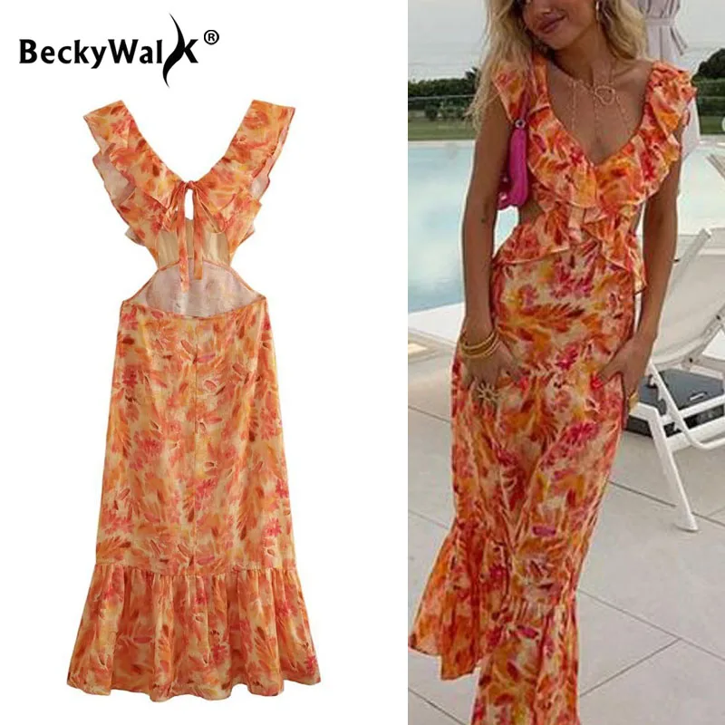 

Printed V-Neck Backless Women Dress Sexy Sleeveless Hollow Out Midi Dresses Female New Fashion Summer Holiday Beach Robe WF375
