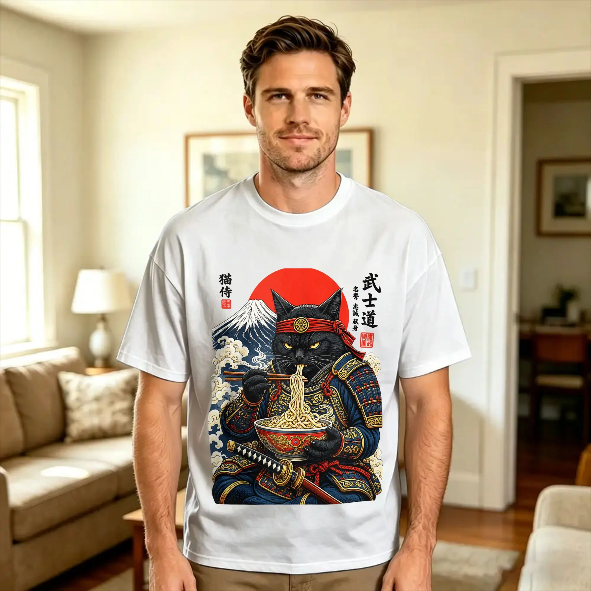Übergroßes T-Shirt Schwarze Katze Samurai Isst Ramen Lustiges Japanisches Katzenkrieger Baumwoll-T-Shirt Freizeit-T-Shirt für Herren